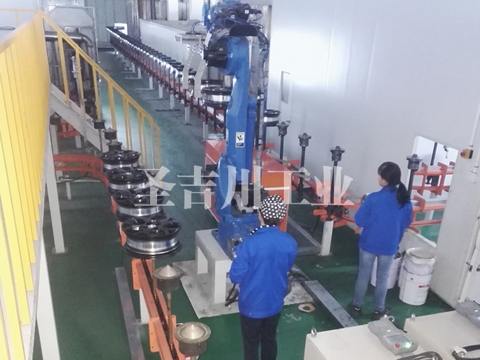 鋁輪轂底粉固化后機器人轉線機構